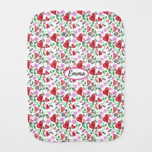 Red Valentine Hearts Pink Flowers Baby Burp Cloth