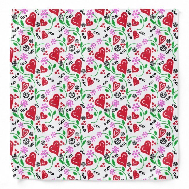 Red Valentine Hearts Pink Flowers  Bandana (Front)