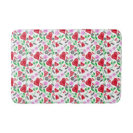 Red Valentine Hearts Pink Flowers Bath Mat