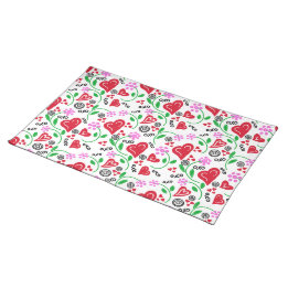 Red Valentine Hearts Pink Flowers Cloth Placemat