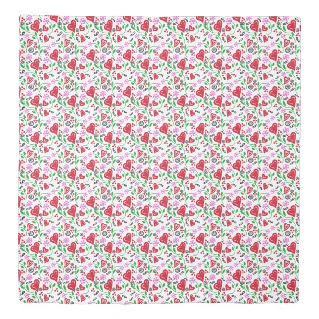 Red Valentine Hearts Pink Flowers Duvet Cover (Front)