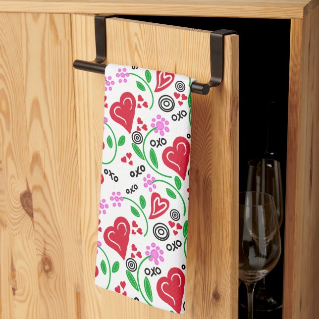 Red Valentine Hearts Pink Flowers Kitchen Towels (Thirds Fold)