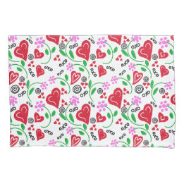 Red Valentine Hearts Pink Flowers Pillow Case