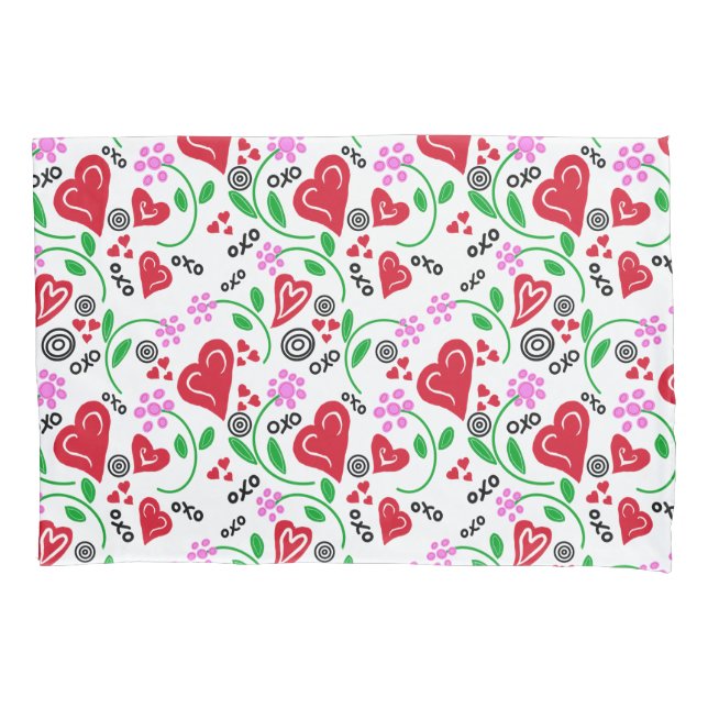 Red Valentine Hearts Pink Flowers Pillow Case (Front-Left)