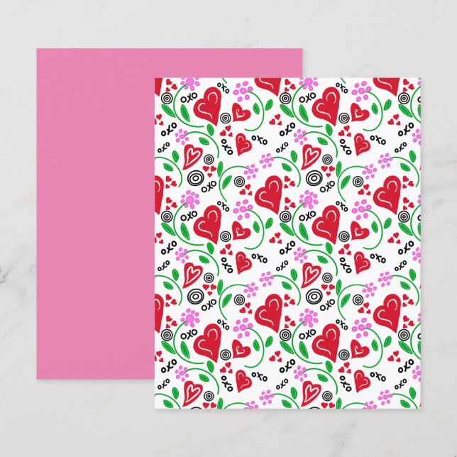Red Valentine Hearts Pink Flowers Scrapbook Paper (Front/Back)