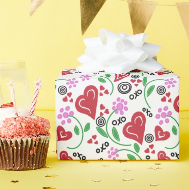 Red Valentine Hearts Pink Flowers  Wrapping Paper (Birthday Party)