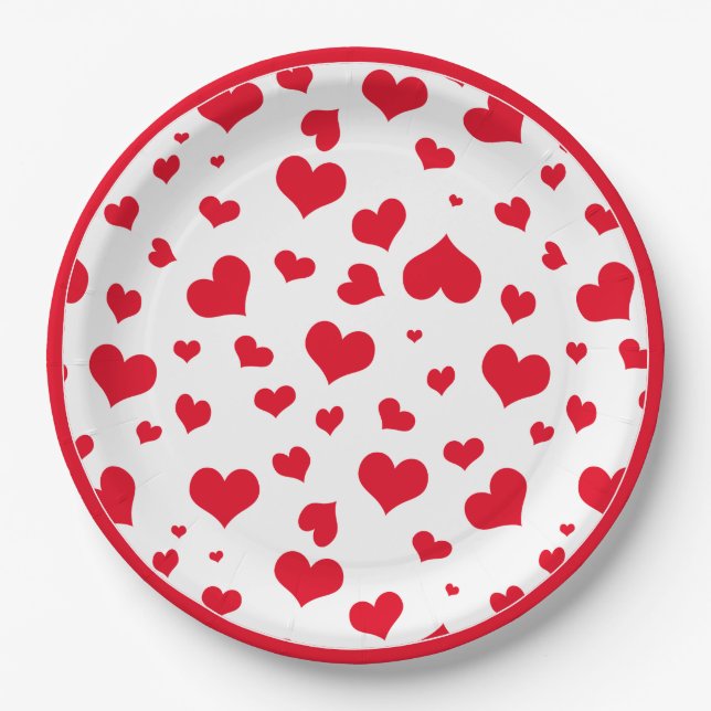 Red Valentine Hearts Random Scattered Pattern Paper Plates (Front)