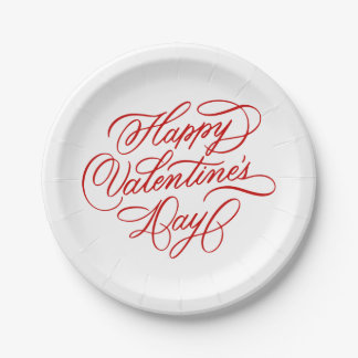 Red Valentines Day Elegant Calligraphy Paper Plates