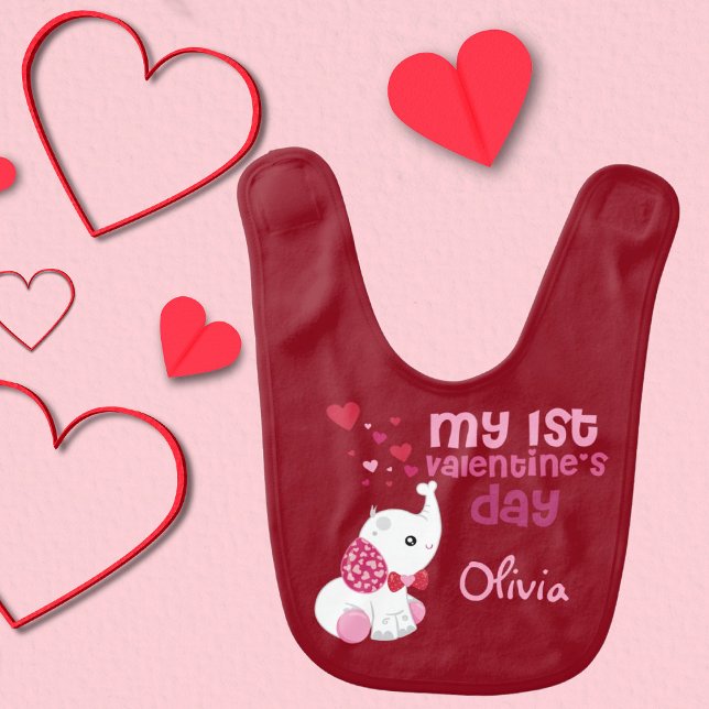 Red Valentine's Day Elephant Cute Personalized Baby Bib (Creator Uploaded)