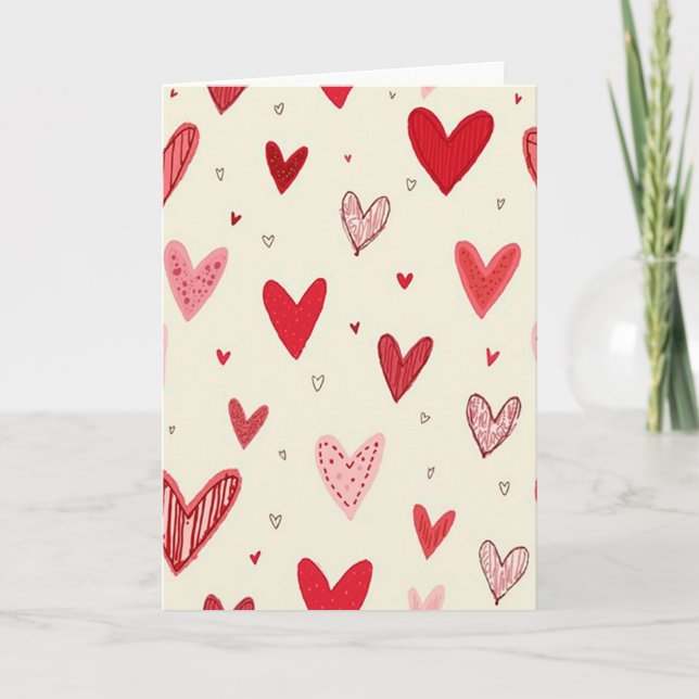 Red Valentines Day Hearts For Her Card (Front)
