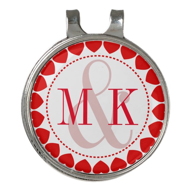 Red Valentines Hearts Circle With Monogram Golf Hat Clip (Front)