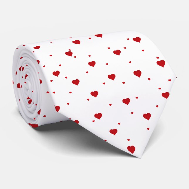 Red Valentines Hearts Pattern On White Neck Tie (Rolled)