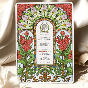 Red Valerian & White Daisy Art Nouveau Wedding Invitation