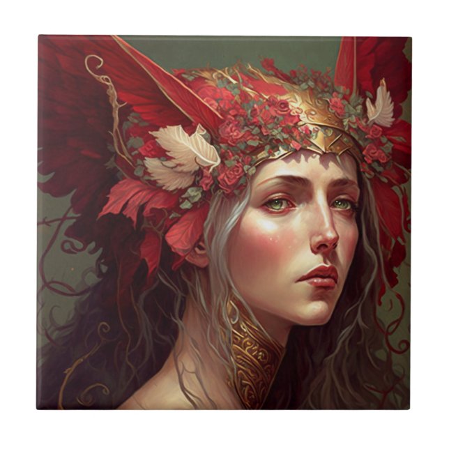 Red Valkyrie Woman Fantasy Art Ceramic Tile (Front)