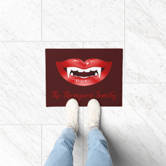 Red Vampire Mouth And Custom Family Name Text Doormat