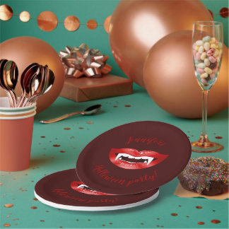 Red Vampire Mouth With Custom Halloween Party Text Paper Plates