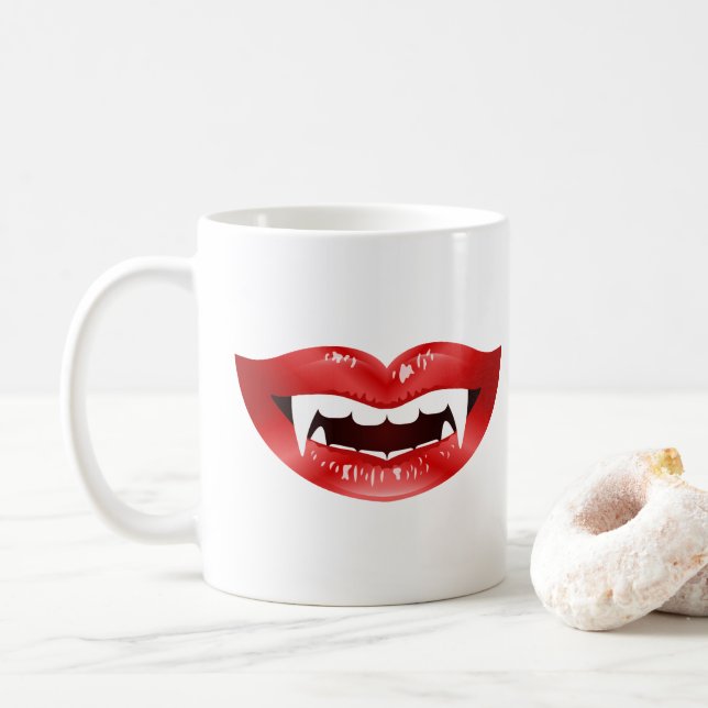 Red Vampire Mouths Illustrated Coffee Mug (With Donut)