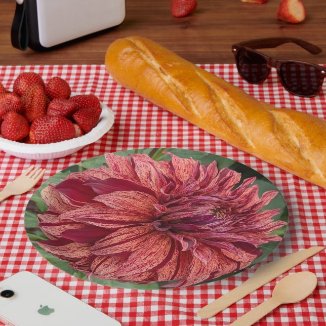 Red Variegated Dahlia Bloom Floral Paper Plates (Picnic)