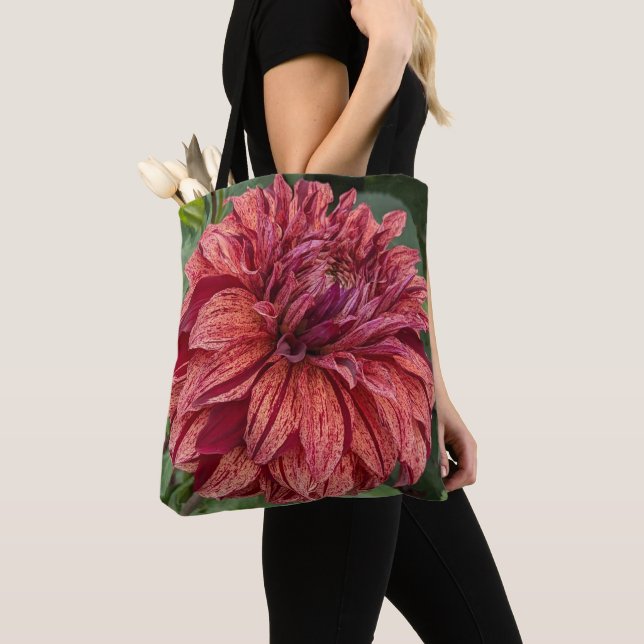 Red Variegated Dahlia Bloom Floral Tote Bag (Close Up)