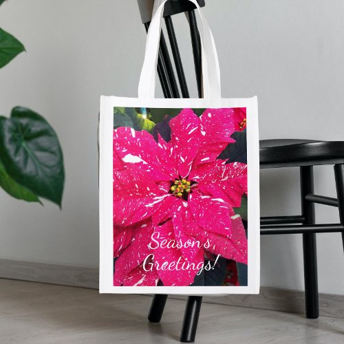 Red Variegated Poinsettia Holiday Grocery Bag