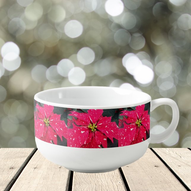 Red Variegated Poinsettia Pattern Holiday Soup Mug (In Situ)