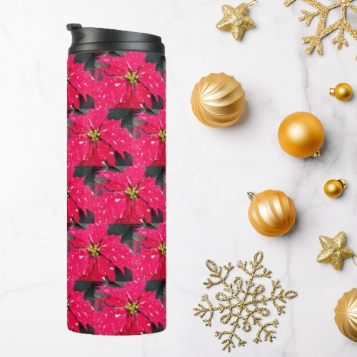 Red Variegated Poinsettia Pattern Holiday Thermal Tumbler