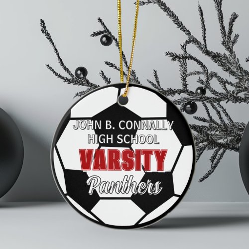 Red Varsity Soccer Custom High School Christmas Ceramic Ornament