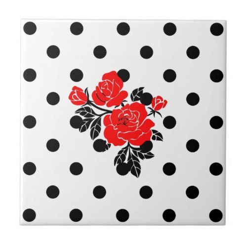 Red vector rose at black polka dots pattern ceramic tile