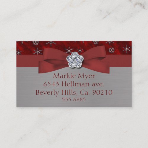 Red Velour &amp; Silver Snowflakes Jewel Business Card Template