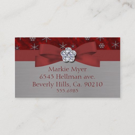 Customizable Red Velour &amp; Silver Snowflakes Jewel Business Card Template