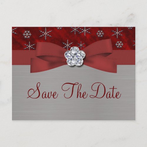 Red Velour  Silver Snowflakes Save The Date 3 Announcement Postcard