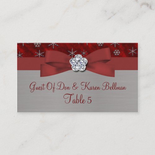 Red Velour &amp; Silver Snowflakes Table Business Card