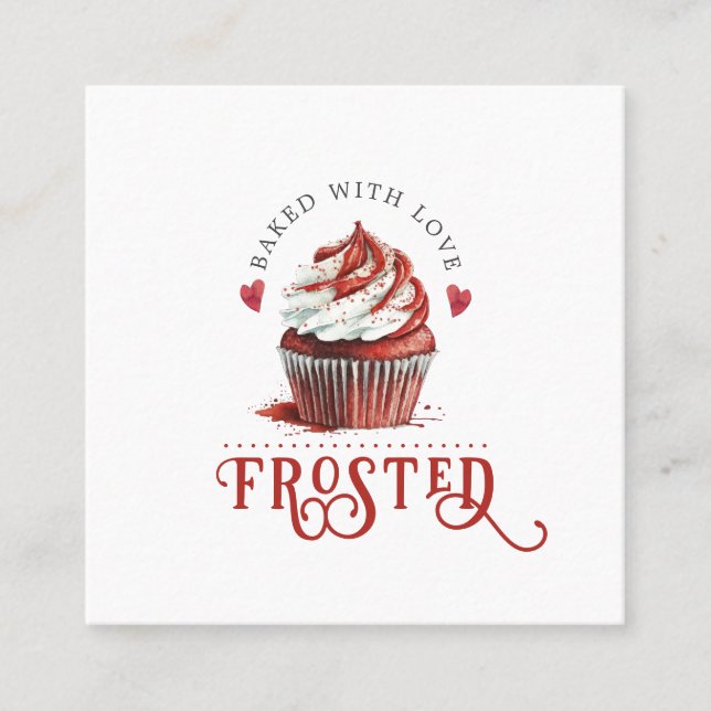 Red Velvet Baker Cupcake Logo Calligraphy Script  Square Business Card (Front)