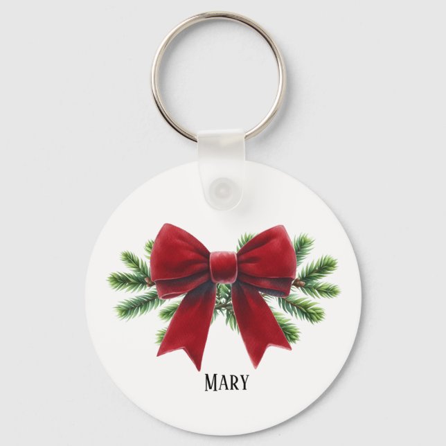 Red Velvet Bow Personalized Holiday Keychain (Front)