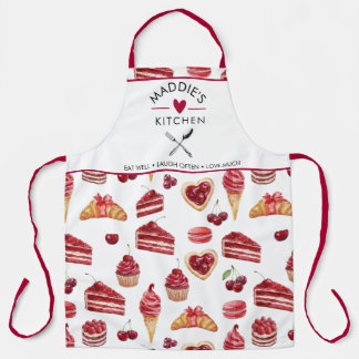 Red Velvet & Cherry Dessert Pattern Watercolor Apron