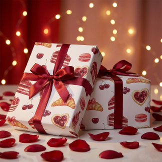 Red Velvet & Cherry Dessert Pattern Watercolor  Wrapping Paper