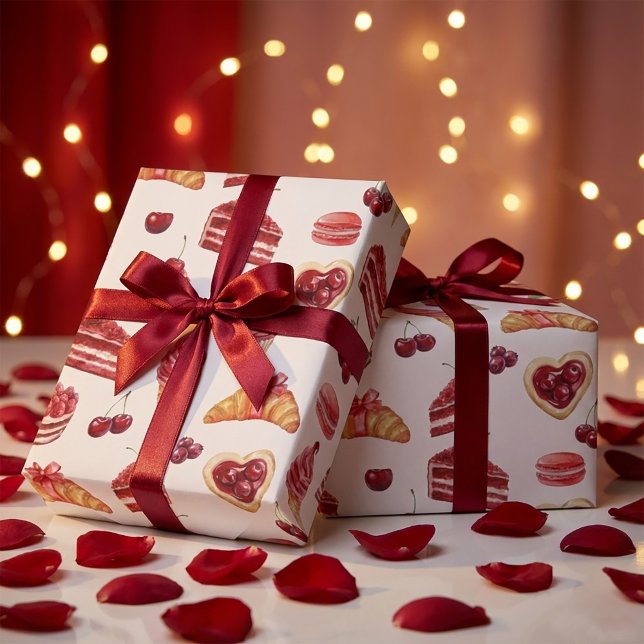 Red Velvet & Cherry Dessert Pattern Watercolor  Wrapping Paper (#ValentineGiftBox #CherryAesthetic #RomanticPackaging #GiftWrapIdeas #SatinRibbon #ValentineMockup )