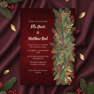 Red Velvet Christmas Botanical Wedding Invitation
