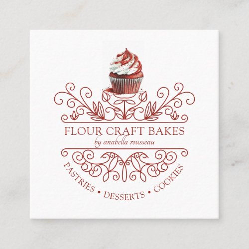 Red Velvet Cupcake Deco Frame Bakery Bakers Logo  Square Business Card
