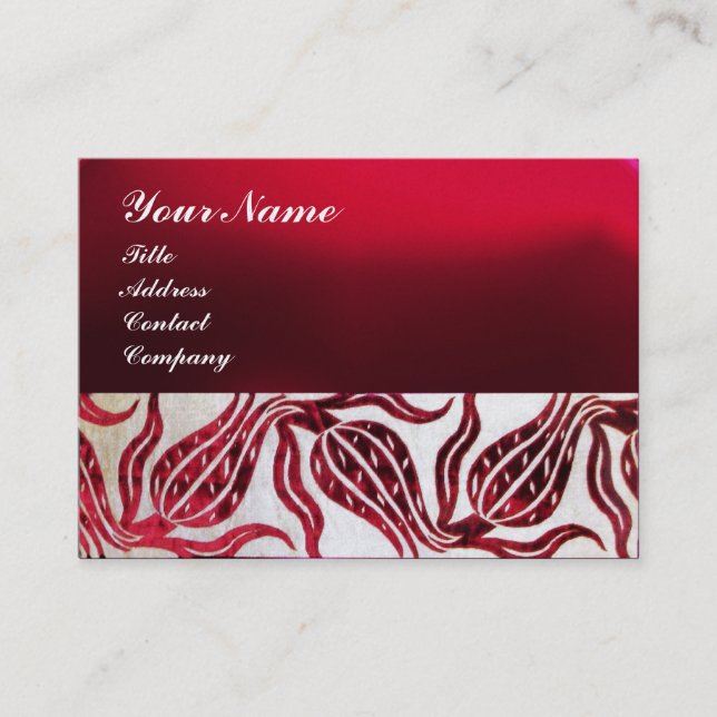 RED VELVET DAMASK TULIP MONOGRAM  Burgundy Pearl Business Card (Front)