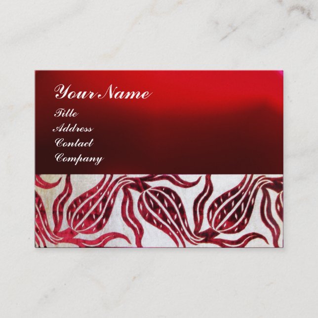 RED VELVET DAMASK TULIP MONOGRAM Burgundy White Business Card (Front)