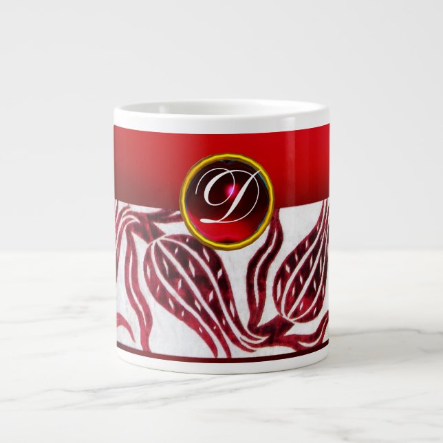 RED VELVET DAMASK TULIP MONOGRAM Burgundy White Giant Coffee Mug (Front)