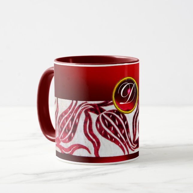 RED VELVET DAMASK TULIP MONOGRAM Burgundy White Mug (Front Left)