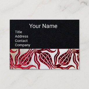 RED VELVET DAMASK TULIPS MONOGRAM Black Paper Business Card
