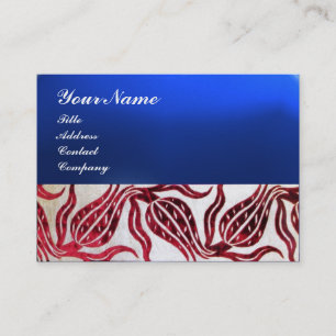 RED VELVET DAMASK TULIPS MONOGRAM Burgundy Blue Business Card