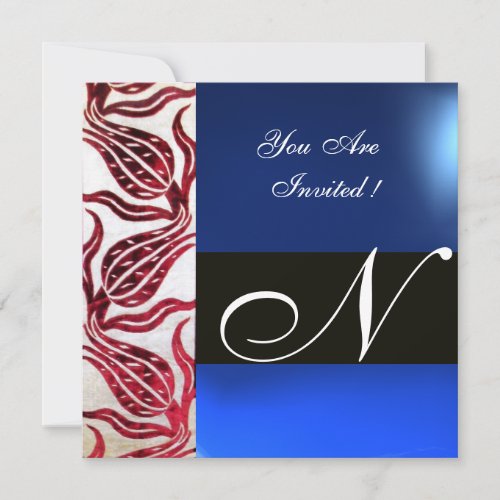 RED VELVET DAMASK TULIPS MONOGRAM Burgundy Blue Invitation