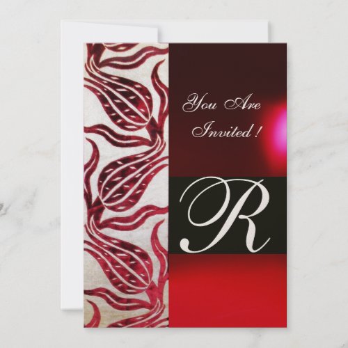 RED VELVET DAMASK TULIPS MONOGRAM Burgundy Gold Invitation