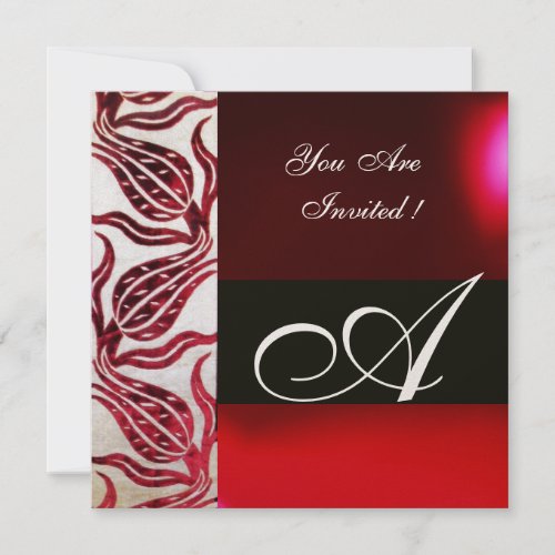 RED VELVET DAMASK TULIPS MONOGRAM Burgundy Gold Invitation