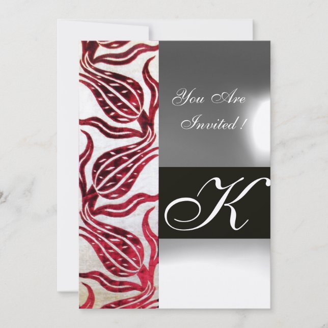 RED VELVET DAMASK TULIPS MONOGRAM Burgundy Gold Invitation (Front)