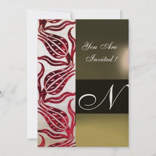 RED VELVET DAMASK TULIPS MONOGRAM Burgundy Gold Invitation